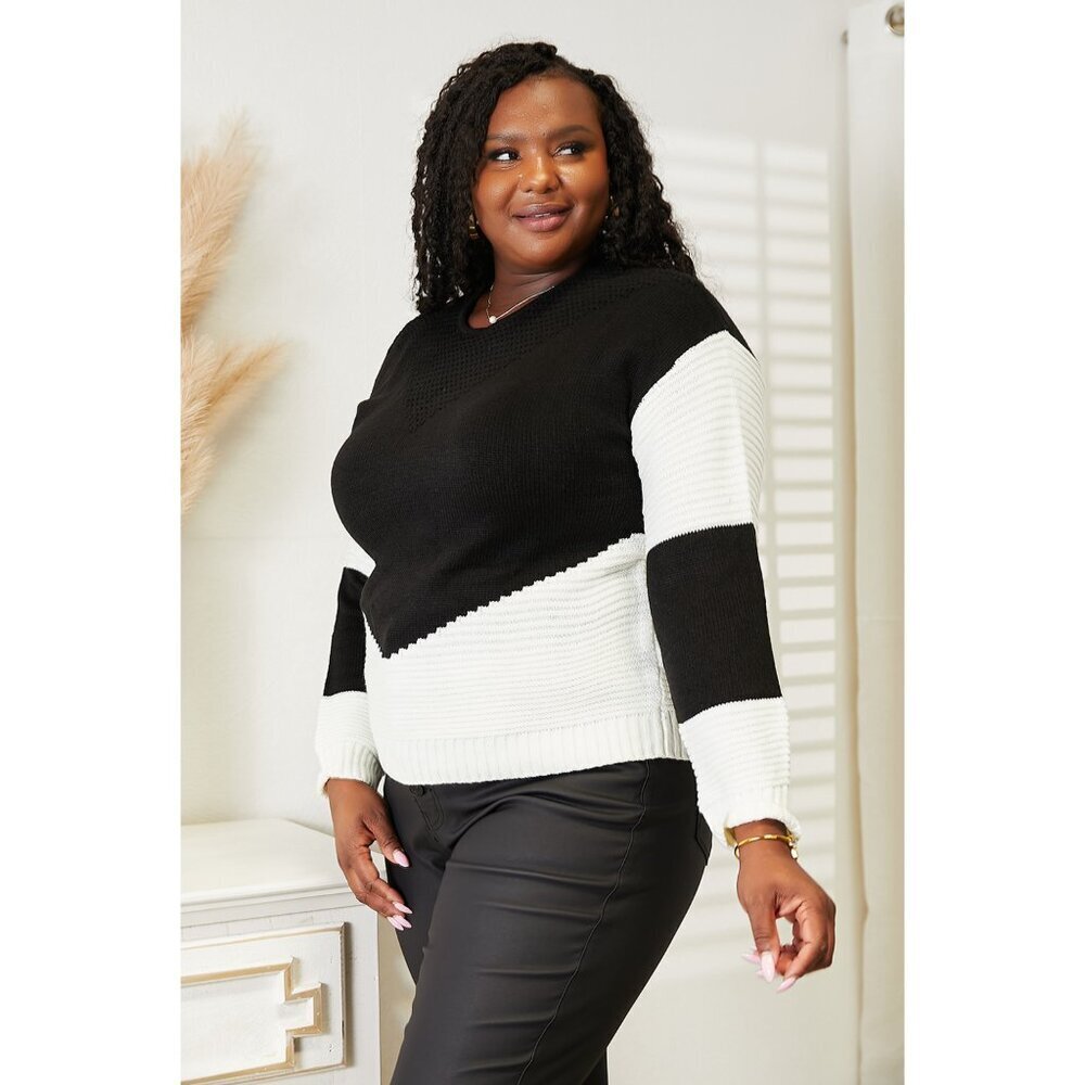 Woven Right Two-Tone Openwork Rib-Knit Sweater - Picture 6 of 7